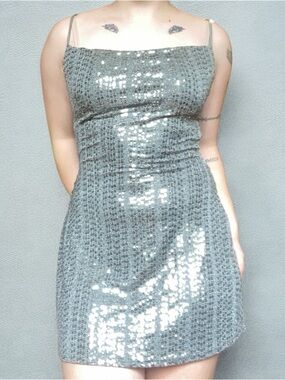 Urban Outfitters Silver Sequin Spaghetti Strap Mini Dress